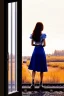 Placeholder: profile of a long haired woman carrying her guitar case over her shoulder standing at the front window of a train looking out at the tracks tracks. sharp focus, hyper-realistic, country -western, masterpiece, museum quality, pretty face, emotional, symmetrical features, Fibonacci golden ratio