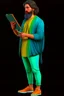 Placeholder: Modern guy, 20s, holding ipad in left hand, looks like a renaissance painting, walking forward, full body, "persian green", "right hand pointing down.