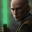 Placeholder: star wars bald male corellian jedi pilot wearing black and olive drab old republic armored flightsuit with gold trim inside the jedi temple holding a lightsaber with viridian green blade in left hand, centered head and shoulders portrait, hyperdetailed, dynamic lighting, hyperdetailed background, 8k resolution, volumetric lighting, light skin, fully symmetric details