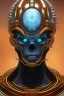 Placeholder: black male African alien, cracks in the head, wicked, Asian eyes, crown, blood, 8k, finely detailed, photo realistic, Boris Vallejo style turquoise skull head gold dragon space alien rain skeleton gold tooth silver helmet silver space suit spaceships