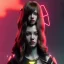 Placeholder: Pretty cyber woman, red long hair, sci-fi, rounded face, black, gold, brown, samurai style, retro, simetric, neon style, a lot of led lights, fog, rain, leather coat, vibrant color, highly detailed, art stations, concept art, smooth, unreal engine 5, god rays, ray tracing, RTX, lumen lighting, ultra detail, volumetric lighting, 3d, finely drawn, high definition, high resolution.