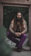 Placeholder: full figure photography of a hippy gipsy burly muscular chubby strong man 31 years old with long raided beard, shaved hair, tattoo, photorealistic ,dressed with a purple ripped t-shirt, side light, outdoor in a dirty street