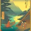 Placeholder: Ukiyo-e styled art, stream, mountain, sun, family on a boat