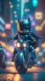 Placeholder: A Sharp Kawaii tiny hyper realistic baby batman riding mini harley davidson, wearing bikers clothes with freestyle action, night of cyberpunk city background. wide angle full body, 8k, Cinematography, photorealistic,epic composition Unreal Engine,Cinematic, Color Grading, Portrait Photography,Ultra-Wide Angle, Depth of Field, hyper detailed