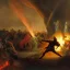 Placeholder: Priest smites demon with fire, armies battling in the background, romanticism.