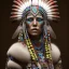 Placeholder: war painted pueblo Indian female, dark, disturbed expression.intricate detailethnically accurate face, intricate head dress, detailed make-up, detailed turquoise jewelry, detailed hair, detailed feathers, use dynamic palette, accurate proportions, high contrast.earnst haeckel style