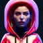 Placeholder: Pretty italian woman, rounded face, bubble gum, red, green, red, hoodie, feathers, retro, latex, leather, soft color, highly detailed, art stations, concept art, smooth, unreal engine 5, god rays, ray tracing, RTX, lumen lighting, ultra detail, volumetric lighting, 3d, finely drawn, high definition, high resolution, neon background.