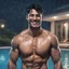 Placeholder: Hyper realistic extremely handsome muscular short black hair man smiling & standing between swimming pool in a heavy rainy night