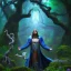 Placeholder: crazy detail, magical forest background, waterfall, blue but cloudy skies, man in dark robes,dark stone statue, lively eyes,hidden hands, framed by foliage, runes on dices, warm light, holding up scroll