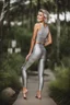 Placeholder: beautiful woman, standing, silver yoga leggins, short silver yoga top, medium length wavy bob haircut, 85 mm lens