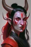 Placeholder: Portrait of a female Tiefling bard with bright red skin, two horns emerging from her forehead and long black hair with sidebangs and a ponytail.