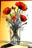 Placeholder: Sketchy sharp line wet watercolour of a vase of poppies