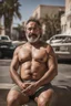 Placeholder: strong beefy burly mature mexican man sunbathing, sitted on an empty street, 43 years old, shirtless, shorts, manly chest, very hairy, short beard, big shoulders, relaxed, photorealistic, well defined facial features, half figure photography, view angle from the ground