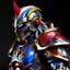 Placeholder: silver and crimson lightning Raijin knight, blue electric horns that sprout forwards, a silver mask that covers the lower face, golden highlights throughout the armour, electricity emitting from the armour as a lightning arch appears from the back, crimson hair appearing out of the helmet