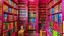 Placeholder: A magenta library with psychic books designed in Matryoshka dolls painted by Edward Hicks