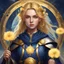 Placeholder: dungeons & dragons; digital art; portrait; female; cleric; gold eyes; golden hair; young woman; robes; long veil; soft clothes; dark blue and gold robes; robes with armor; cleric of bahamut; dandelions; teenager; traveling; circle halo background
