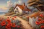 Placeholder: painting depicting a picturesque, richly detailed location, similar to the work of masters such as Josephine Wall or Tomasz Alen Kopera. A cozy, quaint white cottage with a gray shingled roof nestled among sandy dunes. A wooden fence encloses a charming garden blooming with colorful flowers like red poppies and white daisies in front of the house. The property features two gable-fronted dormers with windows, complementing white-framed windows adorned with lace curtains, and a sky-blue front door