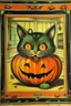 Placeholder: Vintage store front poster, Halloween, cat inside pumpkin