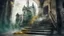 Placeholder: old canvas, layered, mixed media, embossed, double exposure, light watercolor, glitter, medium ground, depth of field, brightness, highlights, light effects, gothic woman portrait, gold shards, staircase, ancient castle, gray green fragments, fuzziness, layered, blending, textured, 3D, 8K, best quality, fine rendering, precise rendering, high detail, hyperrealism, high resolution, high definition, multilayered, pinpoint sharpness, hyperfocus, vignette, textured painting