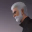 Placeholder: gray-haired man with katana in black jaket