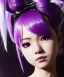 Placeholder: Detailed cute anime Kunoichi girl, purple hair buns, purple bangs, black latex bodysuit, intricate details, full body portrait, keep head in frame, slight smile, black Japanese motif, concept art, highly detailed, digital painting, concept art, sharp focus, illustration, art by Yoji Shinkawa, WLOP and greg rutkowski and alphonse mucha and artgerm and yanjun Chen and Junji ito and Makoto Shinkai, HDR, octane render