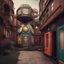 Placeholder: Set in a whimsical world inspired by steampunk and fantasy, the street is a blend of old and new with houses of postmodern design showcasing a mix of industrial and natural finishes. Curious individuals peer through the strange circular and spherical windows, their colorful outfits adding a vibrant contrast to the surroundings