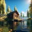 Placeholder: Cabin in the woods by a lake, sunny day, realistic photo, 8K