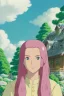 Placeholder: dream house, a beautiful woman with pink hair, beautiful colors, very fine detail, high quality, mystical, romanticism,