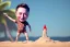 Placeholder: Elon musk as a 4 year old toddler building a Very tall rocket-shaped sandcastle on the beach. He is wearing a polkadot swimsuit. He is a baby