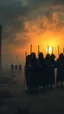 Placeholder: Bosch painting style nightmare , 3D ,a group of prisoners slave in black tied together in line in a dramatic misty scene of the sunset time in a stormy weather in the desert background, high Quality picture , 8k
