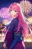 Placeholder: girl, masterpiece, best quality, cinematic lighting, detailed outfit, vibrant colors, perfect eyes, long hair, pink hair, blue eyes, kimono, fireworks, laughing, town, looking back,