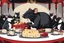 Placeholder: Vector illustration of a (((large rat sitting))) at a banquet table, eating a (((large cheese))), sitting at the same table, (((other rats watching the large rat eat))). White, red and black colors