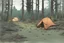 Placeholder: campsite, tents, overgrown, post-apocalyptic, comic book, forest