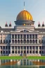 Placeholder: Huge parliament building with classical and modern architechture mixed pride paint covering the building