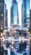 Placeholder: transparent crystal transformer car tanks standing on top above sky scrapers in fountain in the style of Escher, bokeh like f/0.8, tilt-shift lens 8k, high detail, smooth render, down-light, unreal engine, prize winning