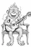 Placeholder: Outline art of laughing monkey with hair texture holding a guitar sitting on a chair