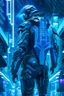 Placeholder: cyberpunk, neon blue, high technology, geometric figures, orbiting figures, cyberpunk suit, black and blue, epic, rain, neon blue suit, geometric figures orbiting around suit, exosuit, male