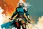 Placeholder: create an imaginative full body print illustration of an ethereal, otherworldly , pale female grandmaster Witcher with short flaxen hair wearing a tattered battle worn leather brigandine and boots , in the comic book art style of Bill Sienkiewicz, Mike Mignola, and Jean Giraud Moebius, with highly detailed feminine facial features , finely drawn, colored and inked,