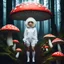 Placeholder: [glitched bloody acid trip] frightened, very cute, woman with big eyes, head enclosed in a giant mushroom-cap , wearing a full body mushroom symbiote-suit made of white mycelium and agent provocateur. Surrounded by several giant mushrooms shaped like women. In a dark spooky forest.