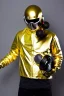 Placeholder: Metallic Cyber-punk style man with a camera-mask and old AKG-style headphones with golden. Large fencing mask covers man's cheeks. Man in good body shape. Reflective plastic body surface, golden skin, full-coverage. Body and Head full of integrated old-fashioned cameras and an old telephone. Silver to grey latex surfaces body. Perfect body. Equations, Euclidean 3D-tiling, Escher tiling. 1996. Cables in head. Daft Punk. Matrix leather jacket with a Hood. Chains.