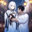 Placeholder: Girl with white hair wearing white robes. Boy with black hair wearing leather.