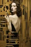 Placeholder: Create a conceptual photograph of a female figure, SALVADOR DALI STYLE MIXED WITH GUSTAV KLIMT STYLE AND TAMARA DE LEMPICKA STYLE, 3/4 SIDE VIEW, SILVER, GOLD, BLACK COLORS in a contemporary setting, incorporating provocative, thought-provoking elements. The image should demonstrate the confidence, strength and vulnerability of the subject. Consider using symbolic objects, abstract shapes, or artistic expressions that convey a strong message. The style and lighting should be modern, avant-garde