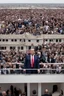 Placeholder: donald trump standing on a balcony with hundreds of people below kneeling