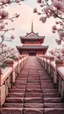 Placeholder: foreground path of a stair to the top of beautiful Japanese temple on the hill pink glossy stone pastel, pink stones shades, magnolia branches, blurred background, fantasy world in pastel in light pink tones, beautiful clouds and minimalism fog