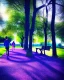 Placeholder: park mystical dream, park bench, man, woman, child, dog, pretty blue and purple trees, blue path, bird, jogger, sunshine, mystical, fantasy, romanticism, cinematic, cinematic lighting, award-winning, beautiful colors, daylight, daytime,