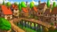 Placeholder: medieval village on a lake with bridges, people, balconies, trees