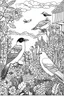 Placeholder: Outline art, birds in the garden, cartoon style, black and white, low detail, no shading, --ar 9:11