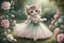 Placeholder: an anthropomorphic, kitten bride happily throwing a bouquet in a beautiful garden. The kitten has fluffy fur in shades of light brown and grey with distinct tabby markings on its face. Its large, expressive eyes are a deep emerald green and it has a small, pink nose. The kitten is wearing embroidered white lace bride dress, tulle, gemstones, pearls, adorning the hem and bodice. Behind her, a celebrating crowd, cats and people dressed in elegant clothes, wedding food and cake on the tables. Behin