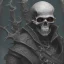 Placeholder: Evil Old human Necromancer in dark robes in a dark cave covered in darkness and bones with skeletons surrounding