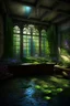 Placeholder: fantasy, gothic, vintage , fairy room ,open area without a wall,colorful petunia, lots of greenery, moss, ivy, morning light, near a stream, pond, blue wisteria, photorealistic painting, high detail, hyperdetalization, megarealism, surrealism, fractal, filigree, botanical fantastik, beautiful, aesthetically pleasing, saturated, exquisite, magically, gently, clear details